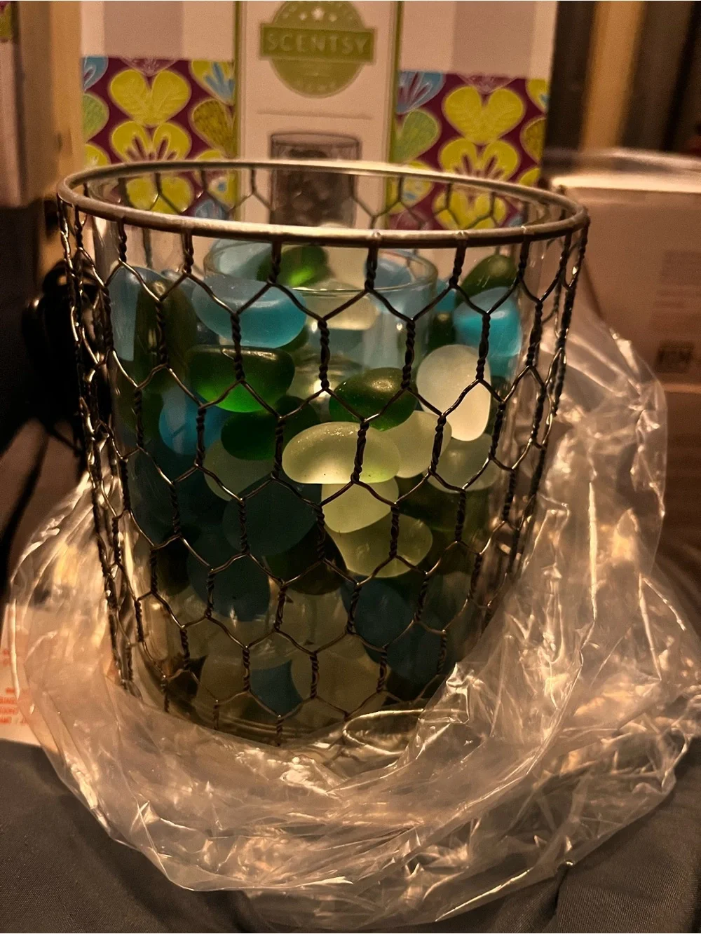 Scentsy Sea Stone Warmer with Blue and Green Glass Gems